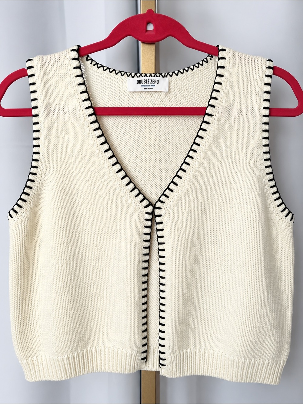 Double Zero Cream V-Neck Knit Vest with Black Stitch Trim